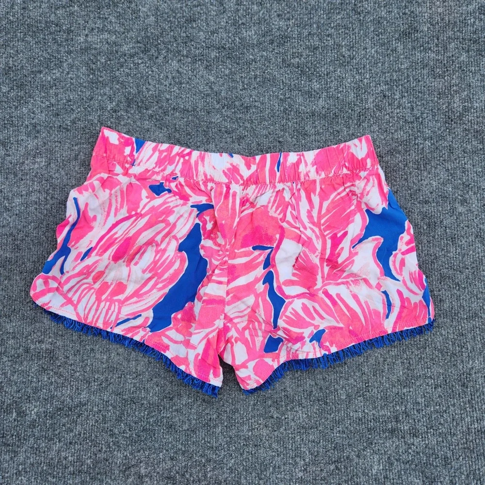 Lilly‎ Pulitzer XS Pink Blue Floral Rayon Shorts Fringe Tassel Trim Callahan